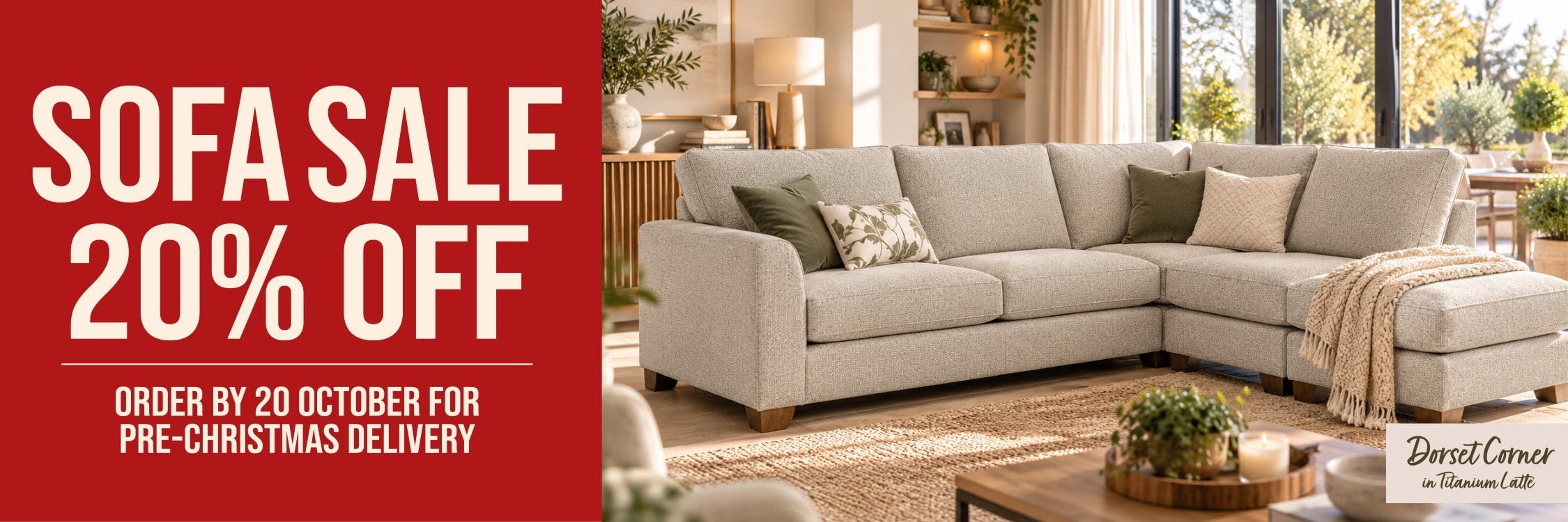 sofa sale, 20% off with pre-Christmas delivery guaranteed