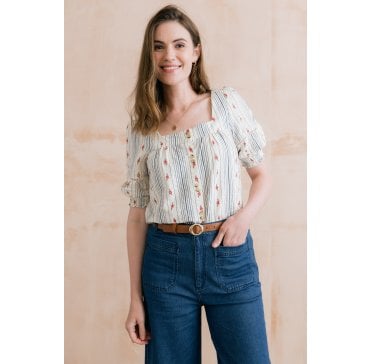 POPPY BLOUSE FLORAL EMBROIDERED STRIPE - ECRU