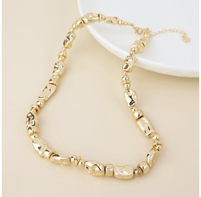 POLISHED FAUX GOLD PLATED ORGANIC SHAPED MULTI BEAD NECKLACE