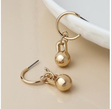 FAUX GOLD C POST HOOP EARRINGS WITH BALL CHARMS