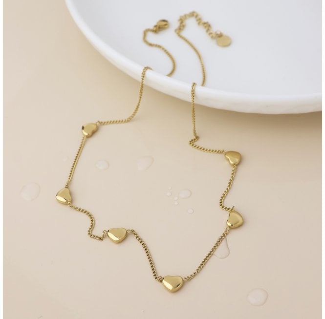 POM GOLD PLATED STAINLESS STEEEL CURB CHAIN HEART STATION NECKLACE