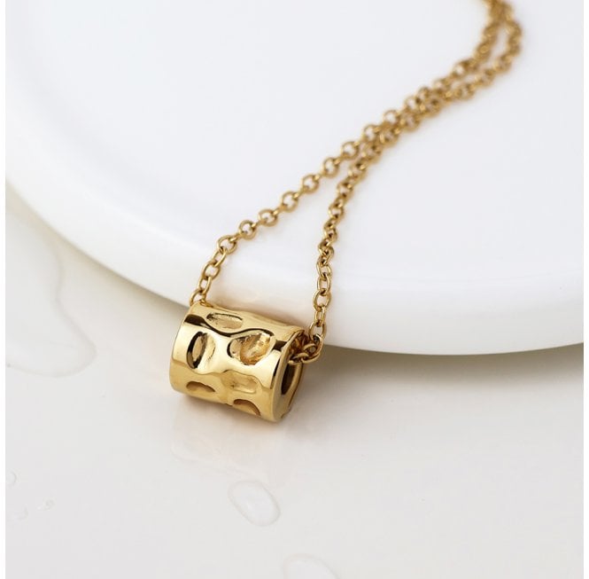POM GOLD PLATED STAINLESS STEEL BEATEN CYLINDER SLIDER NECKLACE