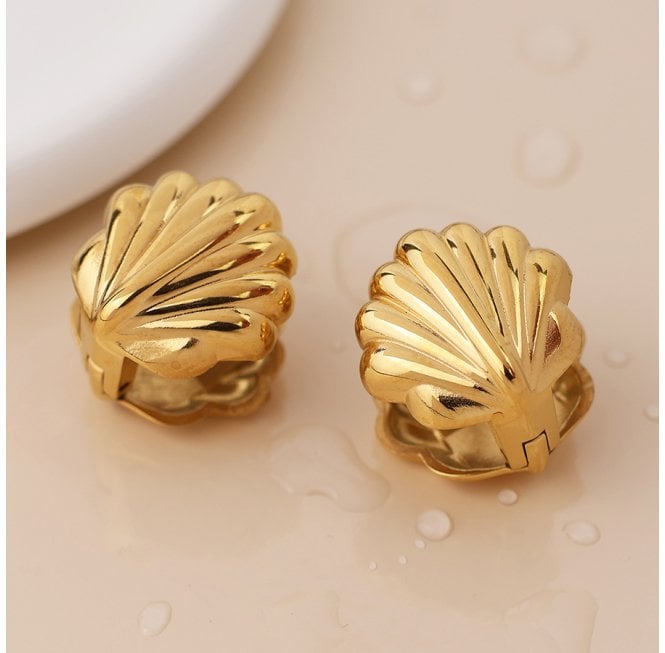 POM GOLD PLATED STAINLESS STEEL CLAM SHELL EARRINGS
