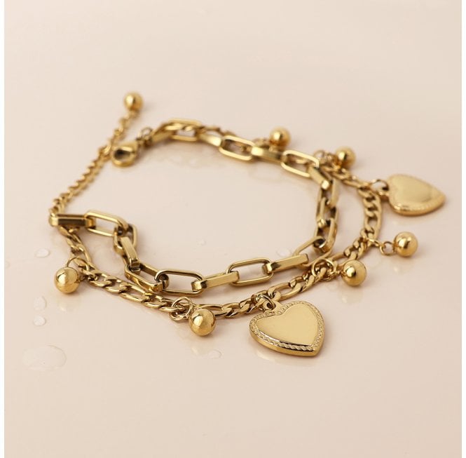 POM GOLD PLATED STAINLESS STEEL HEARTS AND BEADS CHARM BRACELET