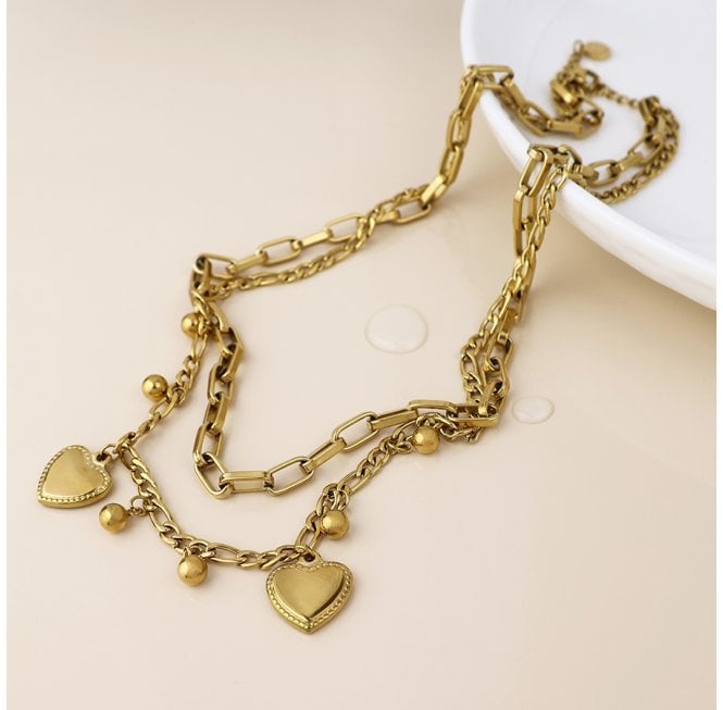 POM GOLD PLATED STAINLESS STEEL HEARTS AND BEADS CHARM NECKLACE