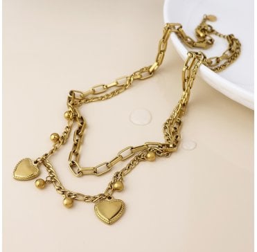 GOLD PLATED STAINLESS STEEL HEARTS AND BEADS CHARM NECKLACE