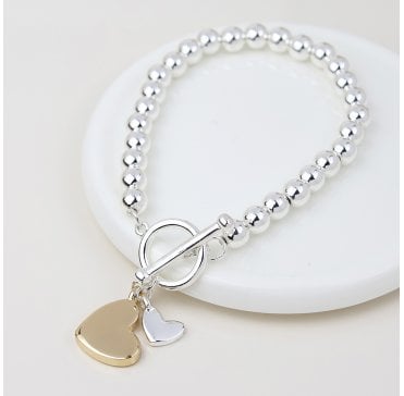 SILVER PLATED BEADED T BAR BRACELET WITH SP/GP HEART CHARMS
