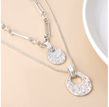 SILVER PLATED DOUBLE LAYER PAPER LINK AND BOX CHAIN NECKLACE WITH BEATEN DISCS