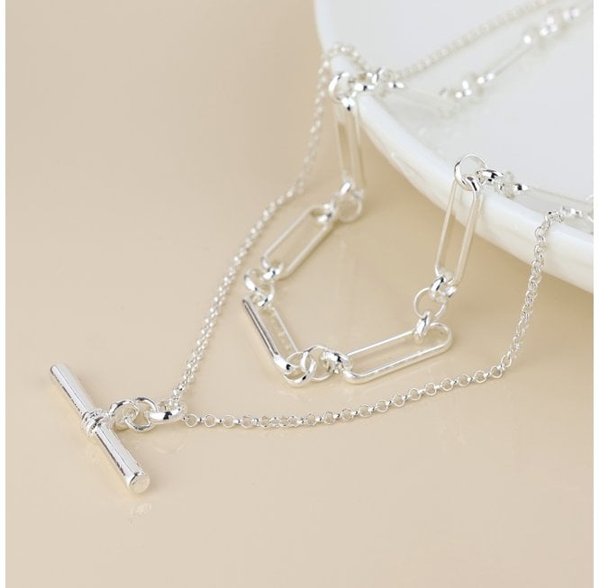 POM SILVER PLATED PAPER LINK CHAIN AND T BAR DOUBLE LAYER NECKLAE