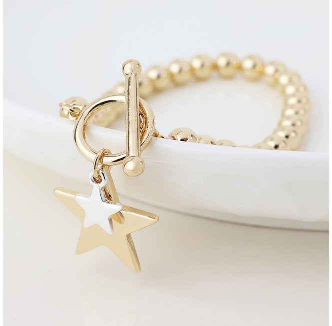 POM SILVER PLATED T BAR BEADED BRACELET WITH GOLD SMALL STAR/SILVER STAR CHARMS FAUX GOLD PLATED BEADED T BAR BRACELET WITH SILVER PLATED SMALL STAR/GOLD STAR CHARMS