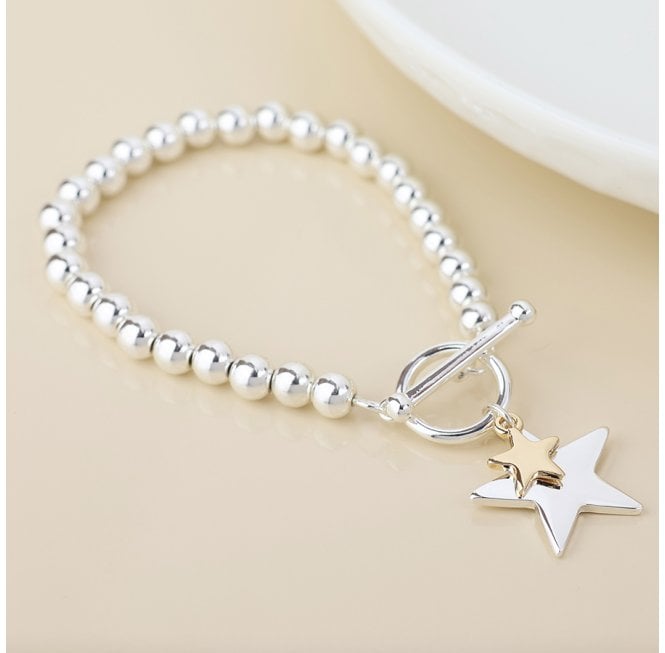 POM SILVER PLATED T BAR BEADED BRACELET WITH GOLD SMALL STAR/SILVER STAR CHARMS