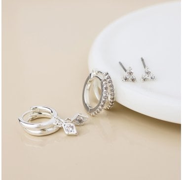 SILVER PLATED TINY CRYSTAL STUD AND HOOP 3 PR PACK