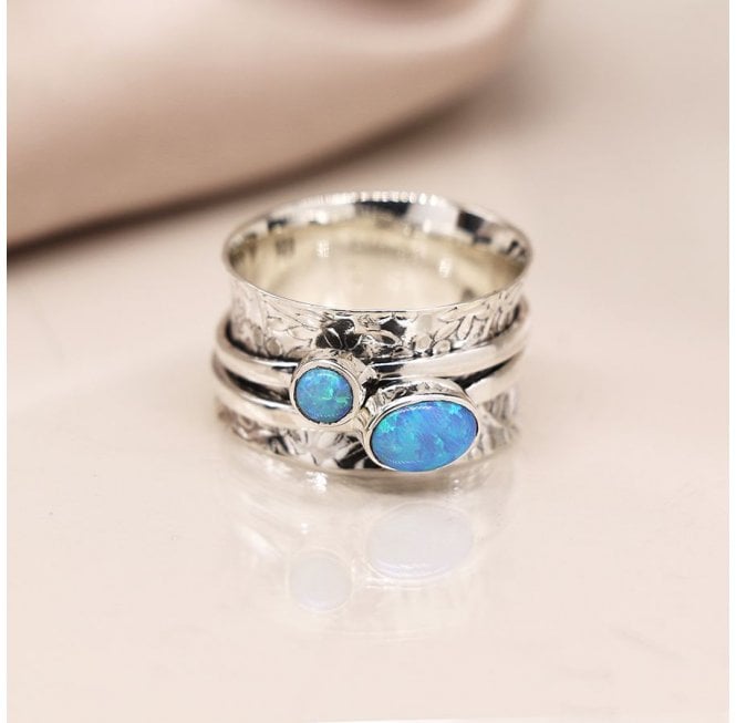 POM Sterling Silver Leaf Embossed Opal Spinning Ring