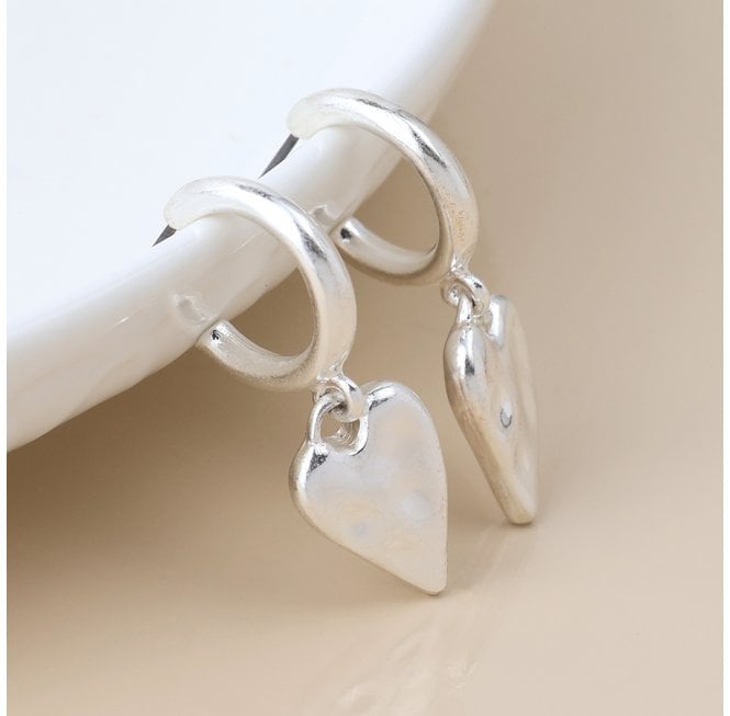 POM WORN SILVER BEATEN HEART DROP C POST EARRINGS