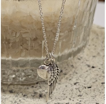 Sterling Silver Angel Wing and Heart Charm Necklace 