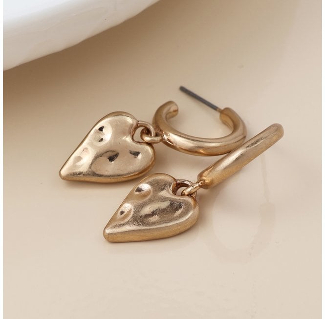 WORN FAUX GOLD BEATEN HEART DROP C POST EARRINGS